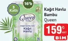 QUEEN KAĞIT HAVLU BAMBU 3 KATLI 16'LI QUEEN KAĞIT HAVLU BAMBU 3 KATLI 16'LI